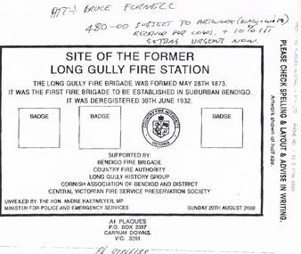 Document - LONG GULLY HISTORY GROUP COLLECTION: PLAN FOR PLAQUE