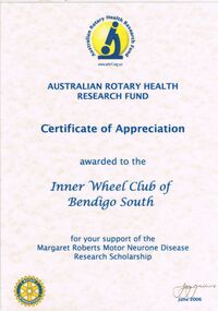Document - INNER WHEEL CLUB SOUTH BENDIGO COLLECTION: CERTIFICATE OF APPRECIATION