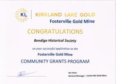 Document - FOSTERVILLE GOLD MINE COLLECTION: CONGRATULATIONS TO BENDIGO HISTORICAL SOCIETY