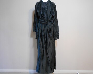 Clothing - BLACK SILK-SATIN DRESS W/LACE,CUFFS,COLLAR,AND BODICE, BEADING, 1930's