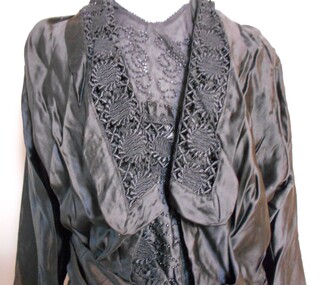 Clothing - BLACK SILK-SATIN DRESS W/LACE,CUFFS,COLLAR,AND BODICE, BEADING, 1930's