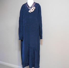 Clothing - NAVY BLUE DRESS WITH PINK FLOWER TRIM, AND ROULEAU FEATURE, 1920-30's