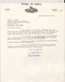 Document - SIR JOHN QUICK COLLECTION: BENDIGO ART GALLERY LETTER, 20th November, 1974