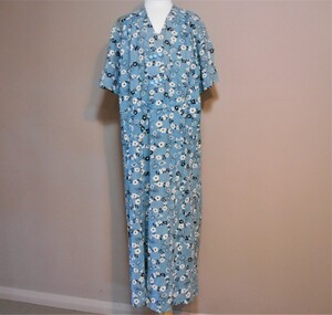 Clothing - BLUE LINEN FLORAL DRESS, 1940's - 50's