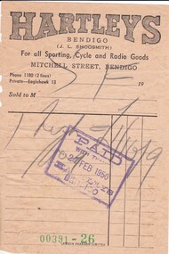Document - DONALD CLARKE COLLECTION: HARTLEYS BENDIGO INVOICE