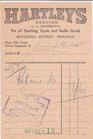 Document - DONALD CLARKE COLLECTION: HARTLEYS BENDIGO INVOICE