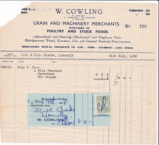 Document - DONALD CLARKE COLLECTION: W. COWLING INVOICE & RECEIPT