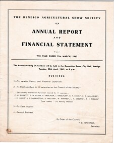 Document - DONALD CLARKE COLLECTION: THE BENDIGO AGRICULTURAL SHOW SOCIETY ANNUAL REPORT