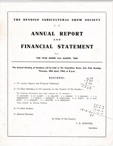 Document - DONALD CLARKE COLLECTION: THE BENDIGO AGRICULTURAL SHOW SOCIETY ANNUAL REPORT