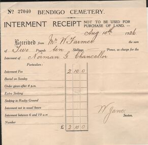 Document - LYDIA CHANCELLOR COLLECTION: INTERMENT RECEIPT