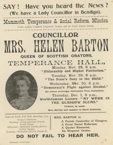 Document - BENDIGO TOTAL ABSTINENCE SOCIETY COLLECTION: FLYER COUNCILLOR MRS HELEN BARTON, Nov., Dec., early 1900's