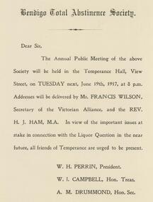 Document - BENDIGO TOTAL ABSTINENCE SOCIETY COLLECTION: THE ANNUAL PUBLIC MEETING, 19 June 1917