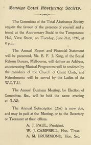 Document - BENDIGO TOTAL ABSTINENCE SOCIETY COLLECTION: ANNIVERSARY SOCIAL, 21 June 1910