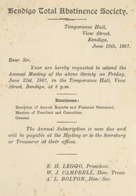 Document - BENDIGO TOTAL ABSTINENCE SOCIETY COLLECTION: ANNUAL MEETING OF ABOVE SOCIETY, 21 June 1907