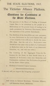 Document - BENDIGO TOTAL ABSTINENCE SOCIETY COLLECTION: THE VICTORIAN ALLIANCE PLATFORM, THE STATE ELECTIONS,1917