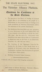Document - BENDIGO TOTAL ABSTINENCE SOCIETY COLLECTION: THE VICTORIAN ALLIANCE PLATFORM, THE STATE ELECTIONS,1917, 1917