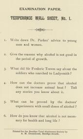 Document - BENDIGO TOTAL ABSTINENCE SOCIETY COLLECTION: TEMPERANCE WALL SHEET NO 1, EXAMINATION PAPER