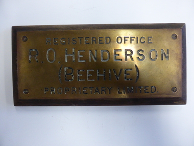 Plaque - HENDERSON BEEHIVE BRASS OFFICE PLAQUE