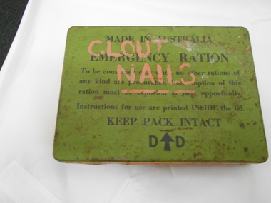 Tool - PITTOCK COLLECTION: AUSTRALIAN EMERGENCY RATIONS TIN, MARKED CLOUT NAILS