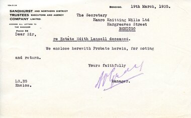 Document - HANRO COLLECTION: LETTER - ESTATE EDITH LANSELL