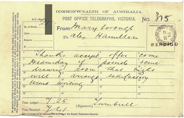 Document - HAMILTON COLLECTION: TELEGRAM, 12 Sept 1903