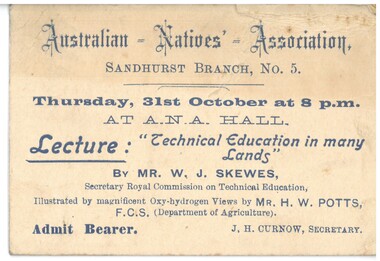 Document - HAMILTON COLLECTION: TICKET TO LECTURE, Early 1900s