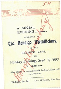 Document - HAMILTON COLLECTION: TICKET TO SOCIAL EVENING, September 1903