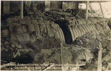 Postcard - ACC LOCK COLLECTION: ARMENTIERES AFTER GERMAN OFFENSIVE, GERMAN DUG-OUTS IN BASEMENT OF FACTORY, POSTCARD, 1914-1918
