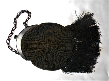 Textile - ACCESSORIES COLLECTION: BLACK COTTON CROCHETED HANDBAG, 1900's Edwardian