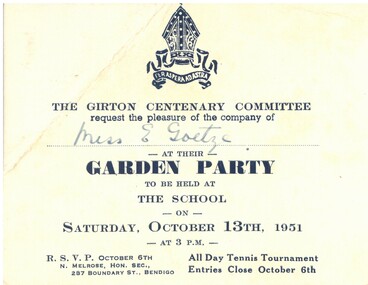 Document - GOETZE COLLECTION: GIRTON COLLEGE GARDEN PARTY INVITATION