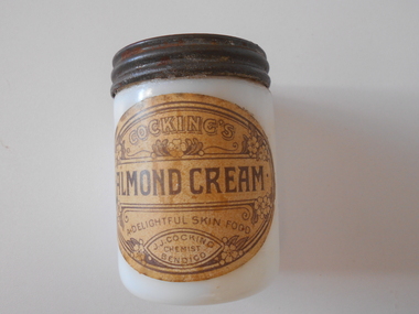 Container - PHARMACY COLLECTION: GLASS JAR WITH COCKINGS ALMOND CREAM, 1920's