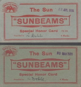Document - LILLIAN DOBLE COLLECTION: THE SUN, SUNBEAMS HONOR CARD