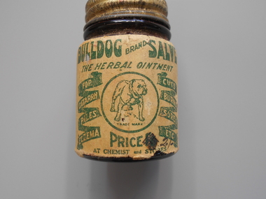 Container - PHARMACY COLLECTION: BULL DOG BRAND SALVE JAR, 1920's