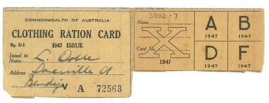 Document - LILLIAN DOBLE COLLECTION: CLOTHING RATION CARD, 1947