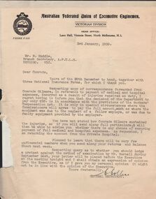 Document - BADHAM COLLECTION: TYPED LETTERS AUSTRALIAN FEDERATED UNION OF LOCOMOTIVE ENGINEMEN 1939