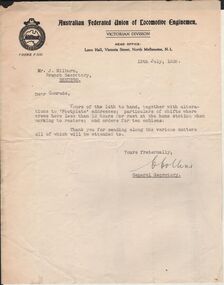 Document - BADHAM COLLECTION: TYPED LETTERS AUSTRALIAN FEDERATED UNION OF LOCOMOTIVE ENGINEMEN 1938
