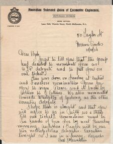 Document - BADHAM COLLECTION: HANDWRITTEN LETTERS AUSTRALIAN FEDERATED UNION OF LOCOMOTIVE ENGINEMEN 1938
