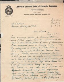 Document - BADHAM COLLECTION: HANDWRITTEN LETTERS AUSTRALIAN FEDERATED UNION OF LOCOMOTIVE ENGINEMEN 1939