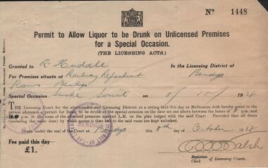 Document - BADHAM COLLECTION: PERMIT TO ALLOW LIQUOR TO BE DRUNK ON UNLICENSED PREMISES