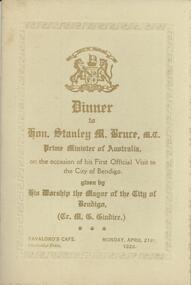 Document - FAVALORO'S CAFE DINNER MENU FOR STANLEY BRUCE, PRIME MINISTER OF AUSTRALIA
