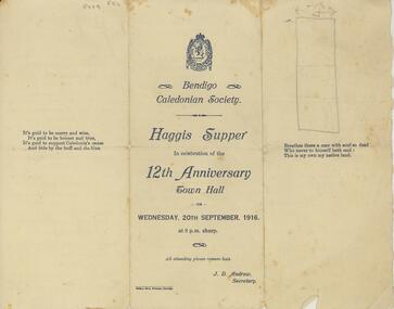 Document - BENDIGO CALEDONIAN SOCIETY HAGGIS SUPPER 1916