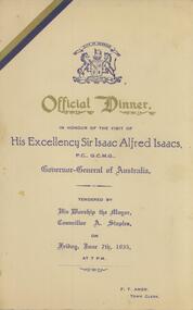 Document - MENU OFFICIAL DINNER FOR SIR ISAAC ISAACS, GOVERNOR GENERAL OF AUSTRALIA