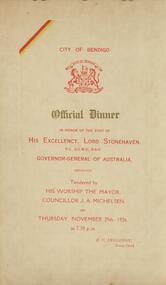 Document - MENU FOR OFFICIAL DINNER LORD STONEHAVEN 1926