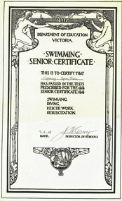 Document - HAMILTON COLLECTION : SWIMMING CERTIFICATE - NANCY HAMILTON, 1925