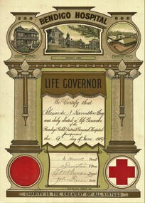 Document - HAMILTON COLLECTION: BENDIGO HOSPITAL LIFE GOVERNOR CERTIFICATE ALEXANDER JOHN HAMILTON, 1919