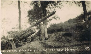 Postcard - ACC LOCK COLLECTION: GERMAN HIGH VELOCITY GUN CAPTURED NEAR MORCOURT, POSTCARD, 1914-1918