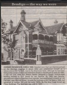 Newspaper - JENNY FOLEY COLLECTION: CORNER RESIDENCE CIRCA 1900