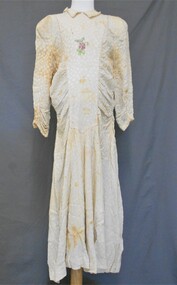 Clothing - LADIES CREAM SYNTHETIC FABRIC AND BEADED DRESS, 1940's