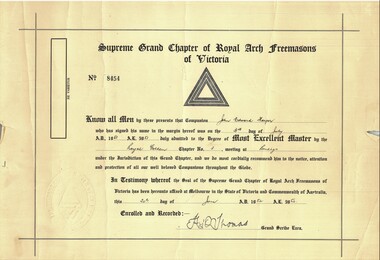 Document - JOHN FREDERICK HARPER COLLECTION: LODGE CERTIFICATE, 1952