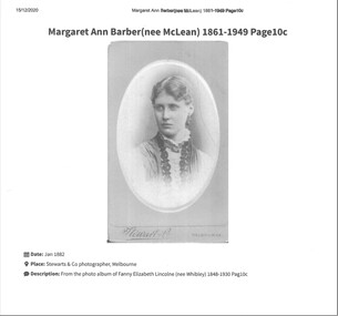 Photograph - MAGGIE BARBER COLLECTION: PHOTOCOPY OF PHOTOGRAPH, Jan 1882